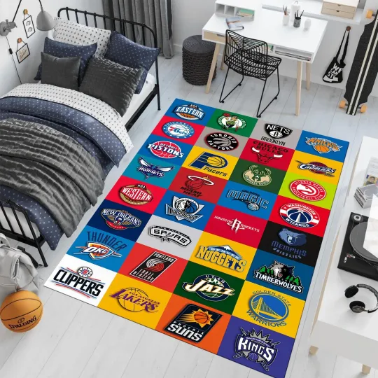 Discover Basketball Teams Rug Colorful Team Logos Sports Area Rug Decor