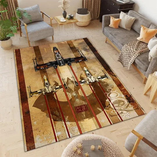 Discover Spacecraft Theme Area Rug Brown Accent Easy Clean Carpet Decor