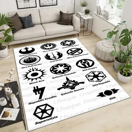 Discover Sci-Fi Space Symbols Rug White Easy Clean Area Carpet Decor