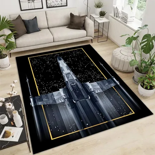 Discover Space Fighter Spaceship Area Rug Black Accent Easy Clean Carpet
