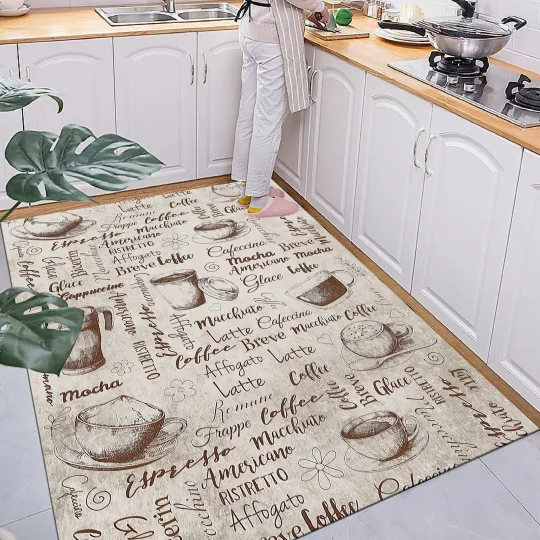 Discover Coffee Kitchen Rug Non Slip Cotton Area Rug Kitchen Floor Carpet Decor
