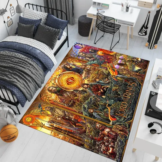Discover LOTR Area Rug Colorful Rings Movie Decor Boys Room Carpet Gift