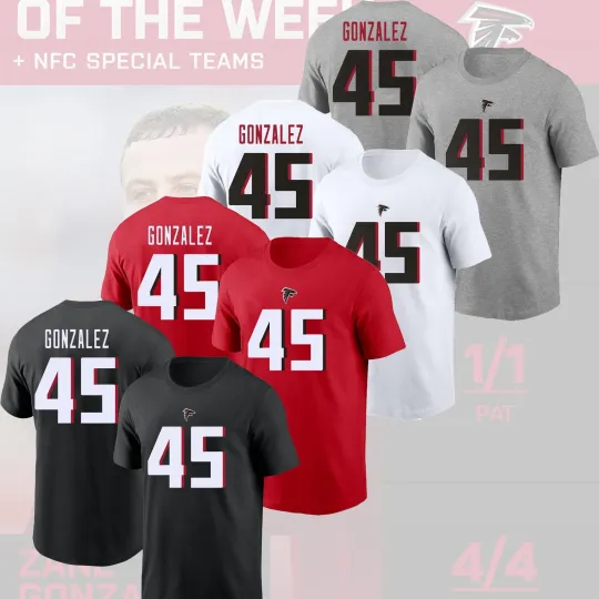Zane Gonzalez #45 Atlanta Falcons Double Sided T-Shirt 2026 Player Name & Number