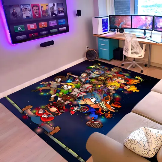 Discover Gamer Room Area Rug Video Game Characters Colorful Carpet Decor