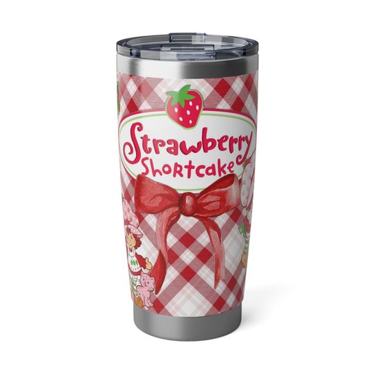 Strawberry Shortcake Curved Tumbler 20oz, Vintage Strawberry Gingham Stainless Steel Cup, Insulated Travel Mug