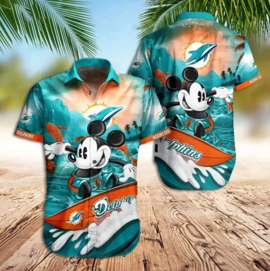Discover Miami Dolphins Hawaiian Shirt With Mickey Men Women Unisex 2025