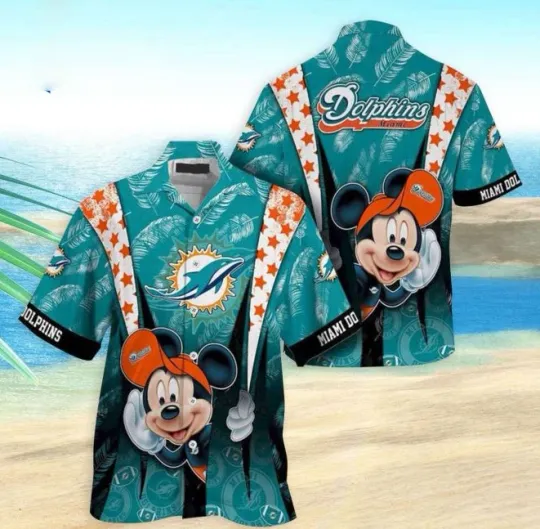 Discover Miami Dolphins Hawaiian Shirt With Mickey Mouse Men Women Unisex 2025