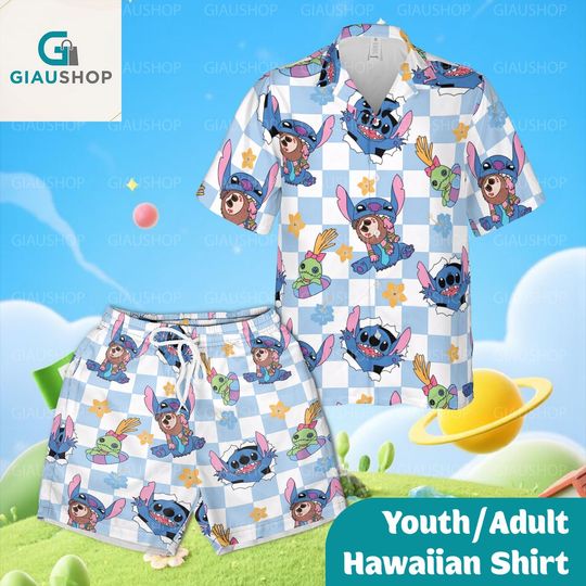 Discover Cute Stitch Cartoon Hawaiian Shirt and Shorts Set for Youth & Adults, Blue Checkerboard Print, Summer Beach Vacation Outfit