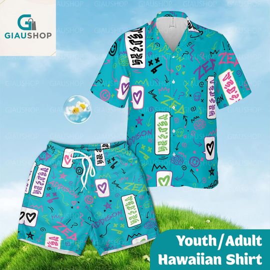 Discover Personalized Graffiti Hawaiian Shirt and Shorts Set for Youth & Adults, Custom Text Street Style Summer Beach Vacation Outfit