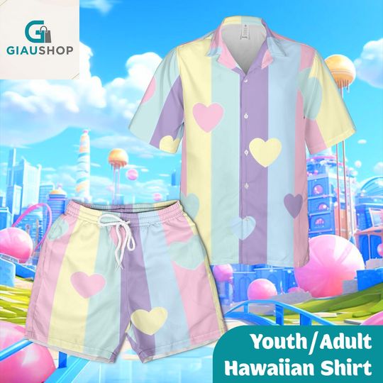 Discover Pastel Rainbow Heart Hawaiian Shirt and Shorts Set for Youth and Adults, Casual Beach Vacation Wear