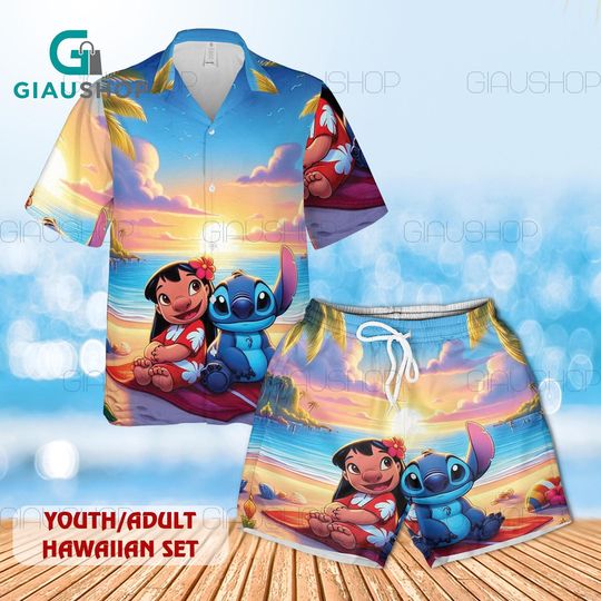 Discover Lilo and Stitch Hawaiian Shirt Set, Cute Beach Sunset Hawaiian Shirt and Shorts, Youth Adult Summer Outfit