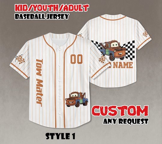 Personalized Disney Tow Mater Pixar Cars Baseball Jersey, Custom Disney Cars Tow Mater Jersey Shirt, Disney Cars Team Outfit
