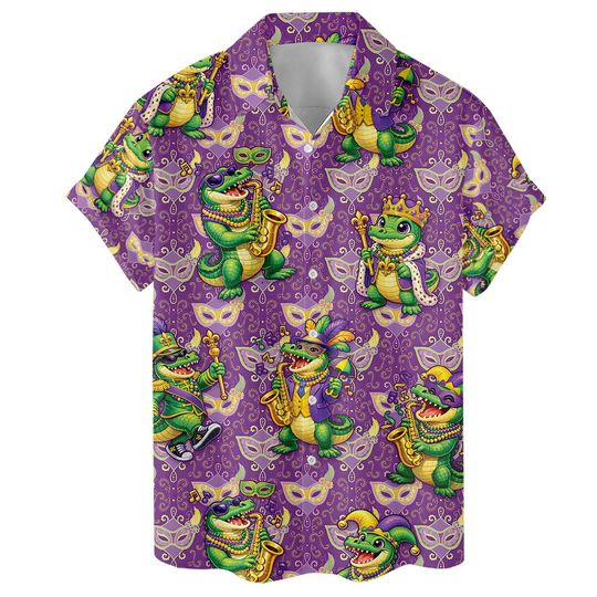 Funny Crocodile February Festival Hawaiian Shirt: Alligator Men's Patterned Short Sleeve Button-Down