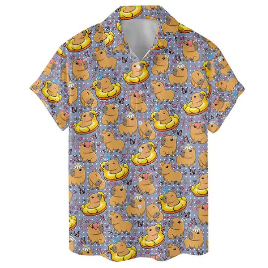 Discover Funny Capybara Float Duck Hawaiian Shirt: Men's Patterned Short Sleeve Button-Down