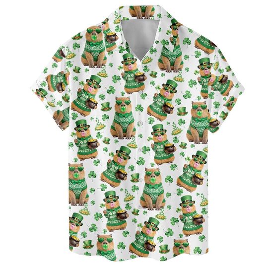 Discover Capybara Shamrock Hawaiian Shirt Men St Patricks Day Green Aloha Party Shirt