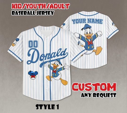 Discover Custom Disney Donald Duck Collection Baseball Jersey, Disney Donald Duck Jersey, Disneyland Baseball Team Matching Outfit, Birthday Gifts