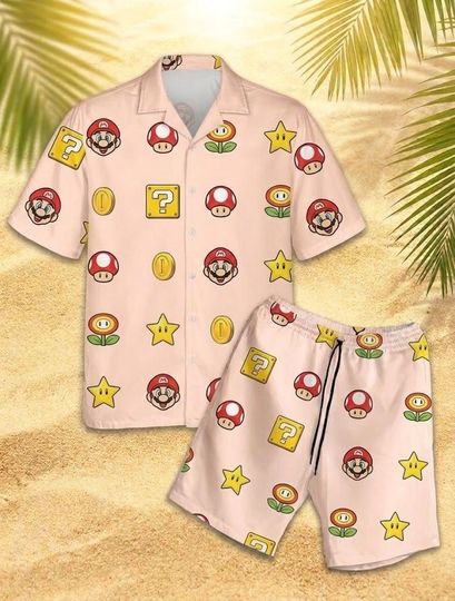 Discover Vintage Mario Hawaiian Shirt and Shorts Set, Game & Cartoon Summer Vacation Outfit