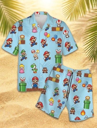 Discover Mario Hawaiian Shirt and Shorts Set for Summer, Vintage Mario Game Cartoon Outfit, Vacation Outfit for Men