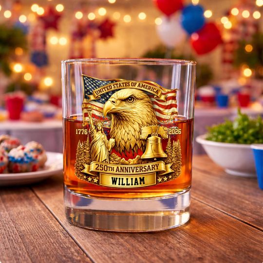 Discover Personalized USA 250th Anniversary Whiskey glass, USA 1776-2026 Patriotic Eagle Glass, American Eagle Patriotic Barware