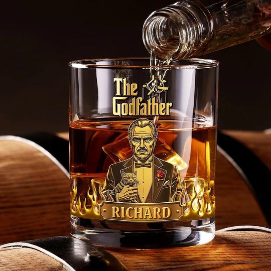 Personalized The Godfather Whiskey Glass, Gold Movie Fans Glass Cup, Custom Name Barware Gift, Funny Xmas 2025 Whiskey Cup For Him/Dad