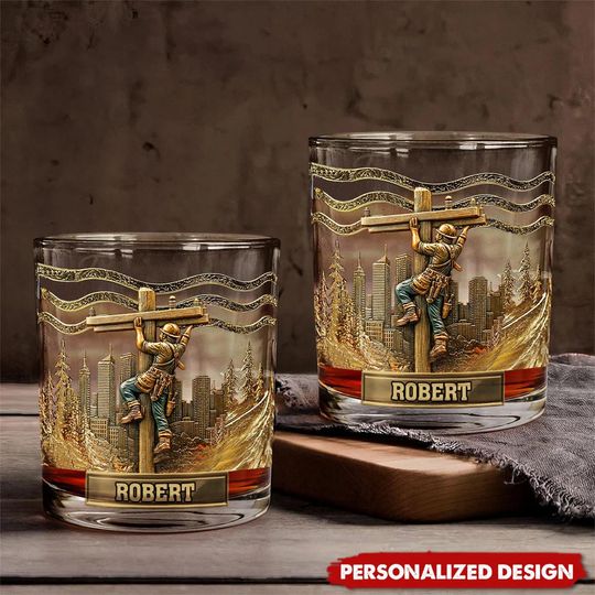 Discover Lineman Whiskey Glass Gold, Personalized Whiskey Mug, Custom Drinking Glass, Gift for Dad & Husband