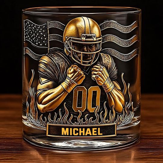 Discover Personalized Football Whiskey Glass Gold, Sports Gift for Men, Custom Name Whiskey Cup, Retro Barware Decor, Whiskey Lover Gift