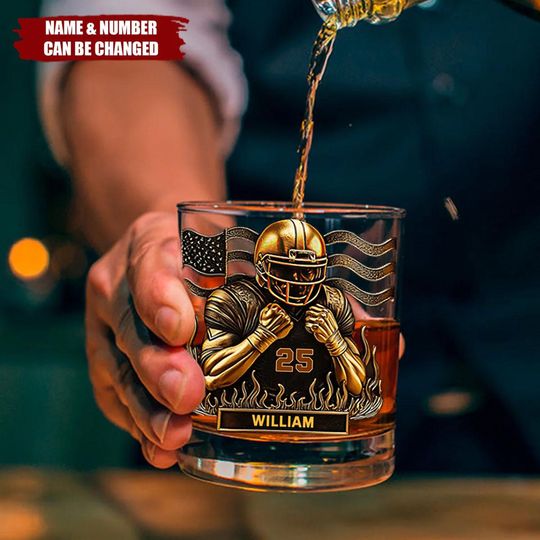 Discover American Football Whiskey Glass Golden, Personalized Whiskey Glass, Custom Name & Number Glass, Drinking Lover, Gift for Football Playe