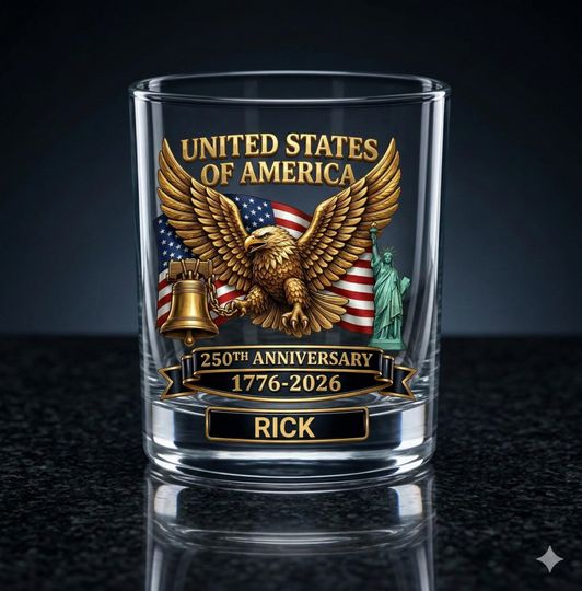 Discover Personalized Whiskey Glass, USA 250th Anniversary Whiskey Glass, Custom Name Rocks Glass, Patriotic Gift for Him, 11oz Whiskey glass