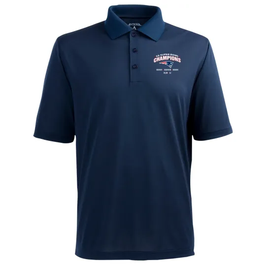 Discover New England Patriots 5X Super Bowl Champions Antigua Xtra-Lite Navy Polo Shirt