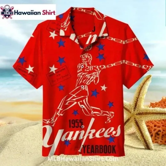 Discover Red Star Print NY Baseball Team Yankeess Hawaiian Shirt Vintage 1955 Style