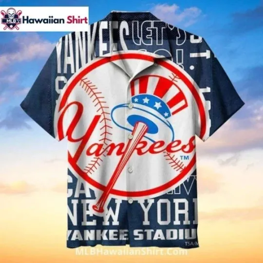 Oversized Logo NY Baseball Team Yankeess Aloha Shirt With Stadium Print