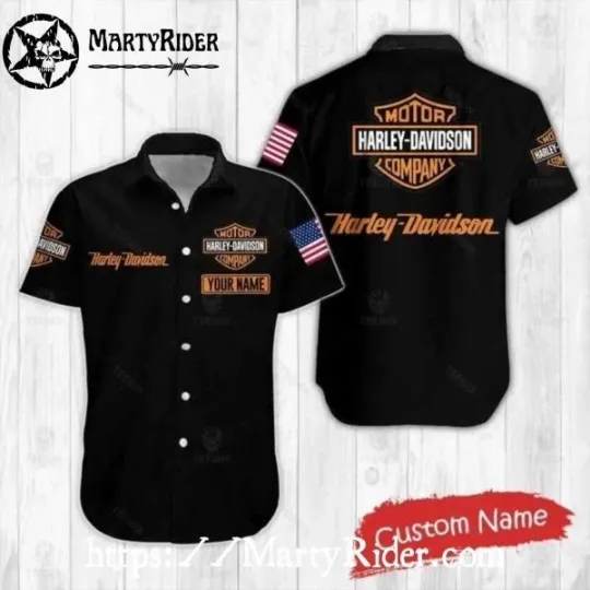 Discover Black Harley Motor Racing Davidsonn Aloha Shirt With American Flag And Custom Na
