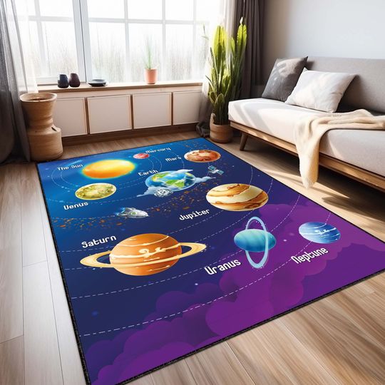 Discover Planets Rug, Space Rug, Solar System Rug, Space Design Rug, Planet Rug, Educational Rug, Kids Room Rug, Astronaut Rug