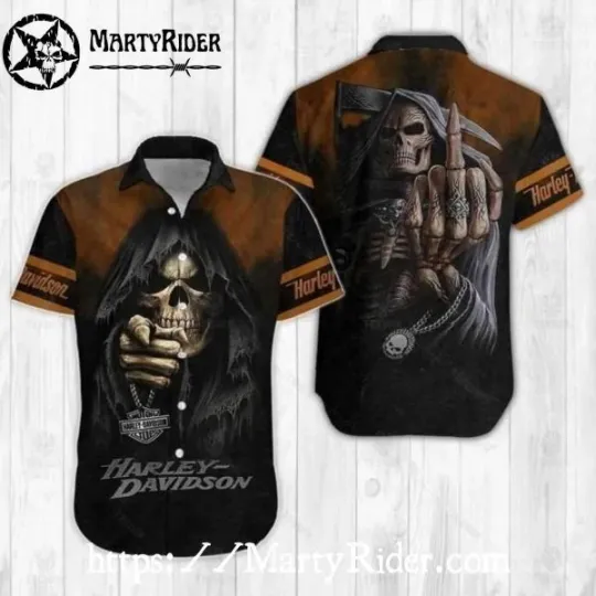 Grim Reaper Harley Motor Racing Davidsonn Aloha Shirt With Middle Finger Design