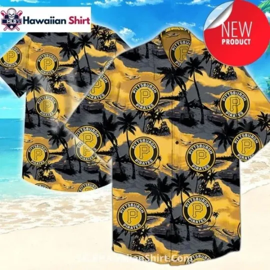 Black And Gold Sunset Beach Pittsburgh Baseball Team Piratess Aloha Shirt