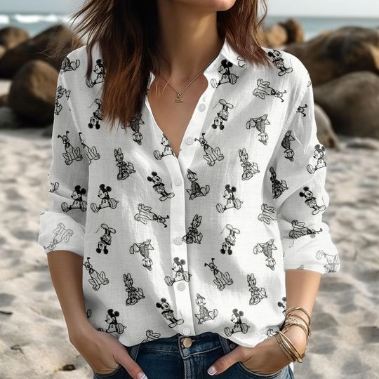Discover Mickey Mouse Women's Blouse, Disney Linen-look Shirt, Cartoon Character Button-Down Top, Vacation Shirt
