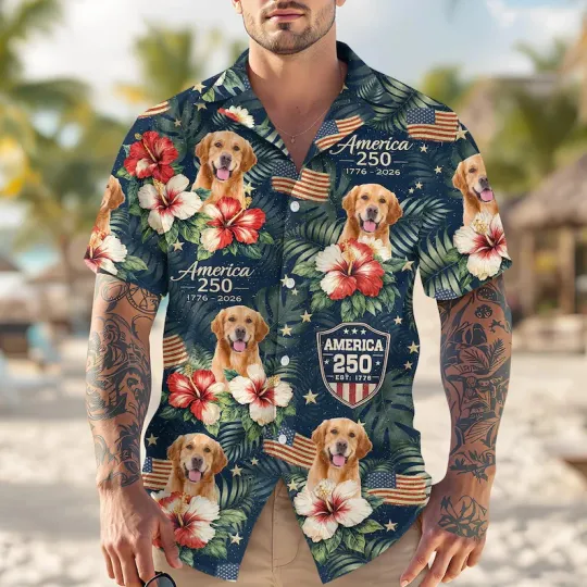 Discover Personalized Dog Photo USA 250th Anniversary Hawaiian Shirt 1776-2026