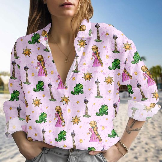Discover Rapunzel Blouse Shirt, Tangled Linen Look Top, Disney Princess Vacation Shirt, Women's Button-Down Blouse, Birthday Gift
