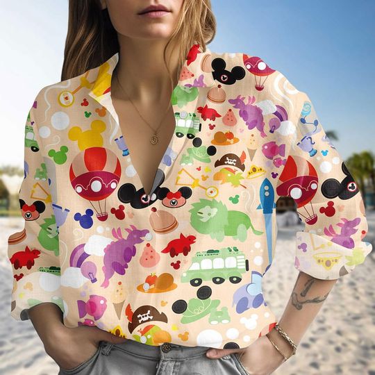 Discover Disney Mickey Linen-Style Blouse with Colorful Buttons and Pixar Character Design