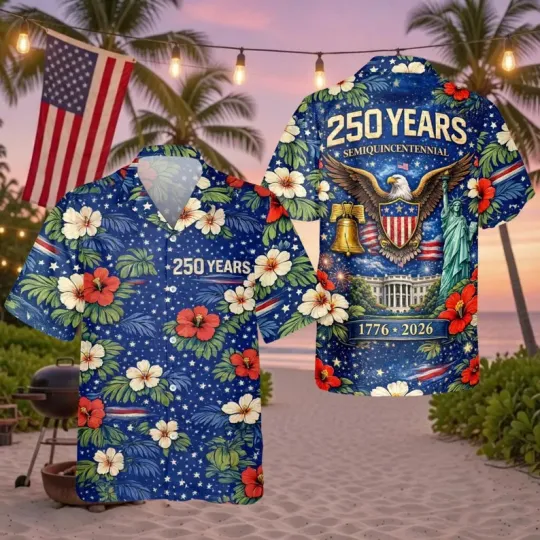 Discover 250 Years America Hawaiian Shirt, Patriotic Hibiscus Floral Aloha Shirt