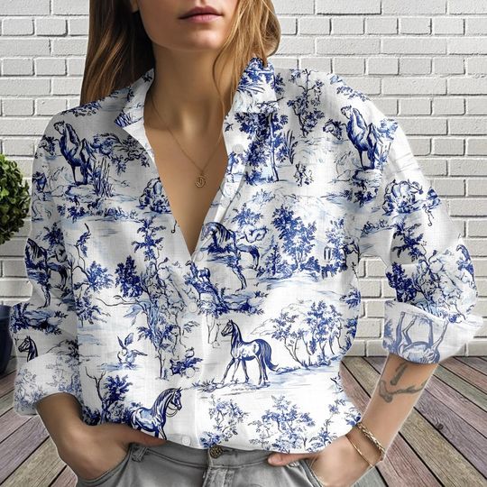 Discover Horse Toile Blouse shirt, White Equestrian Shirt, Cottagecore Women's Top, Casual Horse Shirt, Gift for Her
