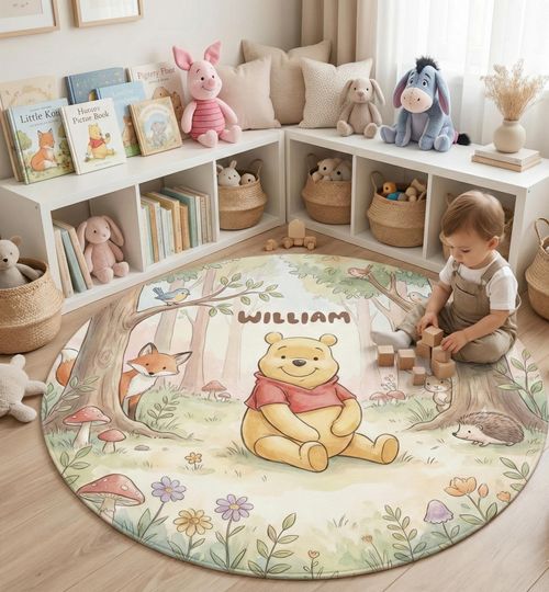 Discover Personalized Winnie the Pooh Rug, Pooh Nursery Decor, Custom Name Round Carpet, Woodland Baby Shower Gift