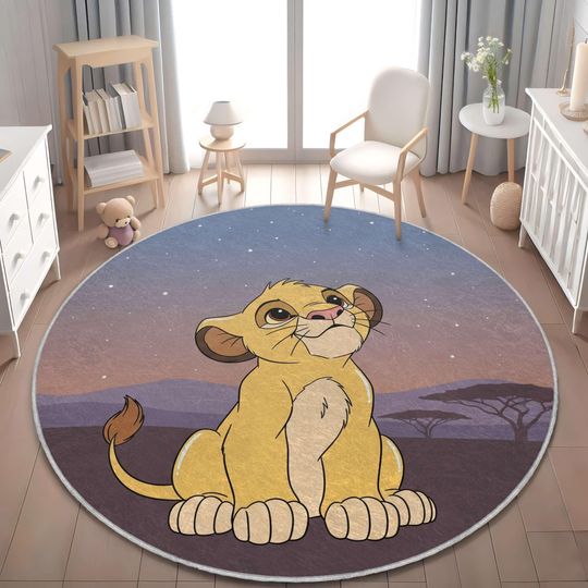 Round Disney Baby Nursery Rug with Stars Featuring Simba, Cute Disney Rug, Baby Room, Newborn Gift, Baby Rug, Lion King Rug