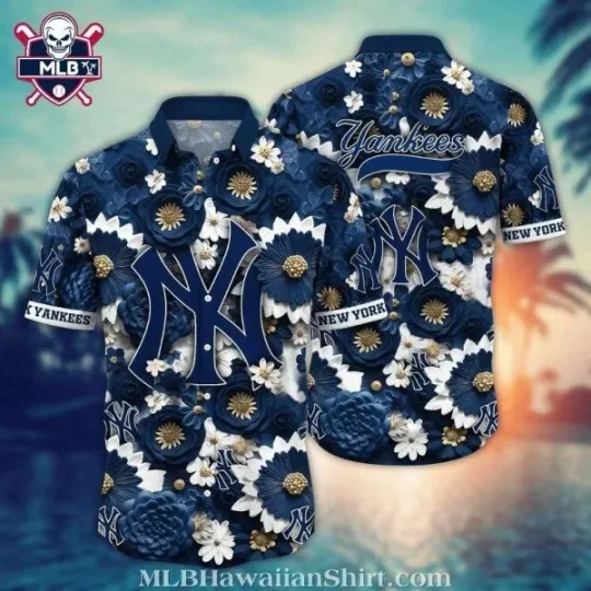 Royal Blue Floral Elegance NY Baseball Team Yankeess Hawaiian Shirt