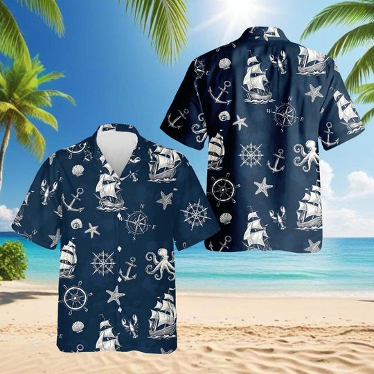 Discover Anchor Hawaiian Shirt, Nautical Aloha Shirt, Beach Anchor Button Down, Summer Vacation Casual Outfit Gift