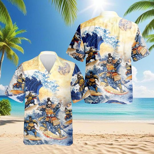 Discover Samurai Surfing Hawaiian Shirt, Surf Art Hawaiian Shirt, Unisex Samurai Beach Shirt