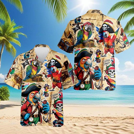 Discover Pirate Parrot Hawaiian Shirt, Tropical Bird Aloha Shirt, Funny Summer Vacation Shirt