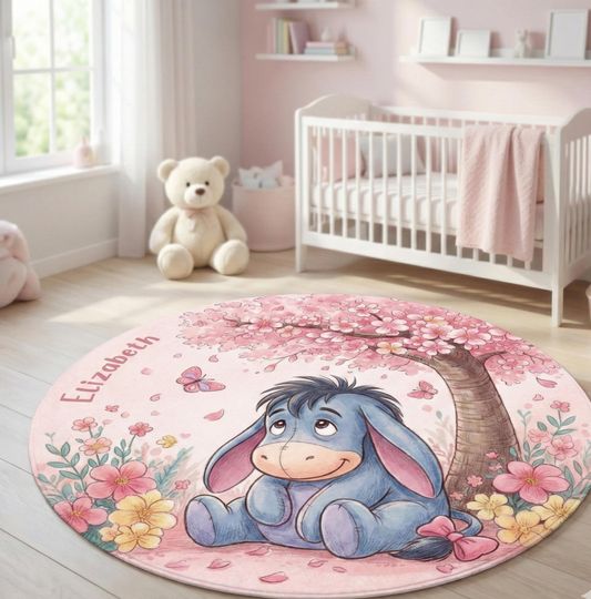Disney Eeyore Personalized Round Rug, Winnie the Pooh Nursery Decor, Custom Baby Girl Room Carpet, Cherry Blossom Play Mat, Eeyore Gift