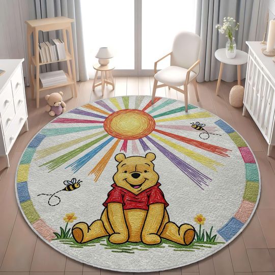 Winnie the Pooh Nursery Rug, Crayon Style Rainbow Sun Play Mat