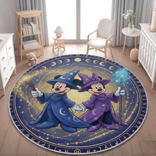 Discover Wizard Mickey and Minnie Round Rug, Celestial Nursery Decor